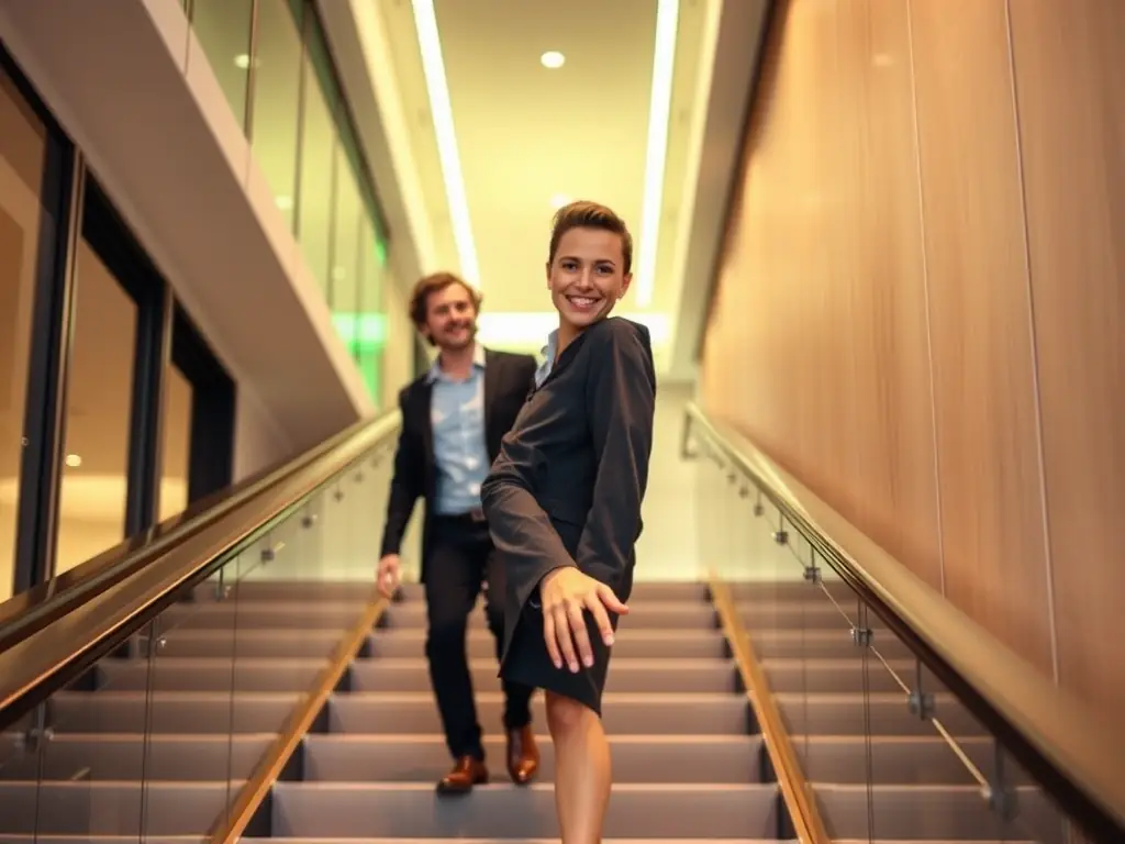 An image of a person confidently climbing stairs, symbolizing career advancement and professional growth, representing professional growth coaching.