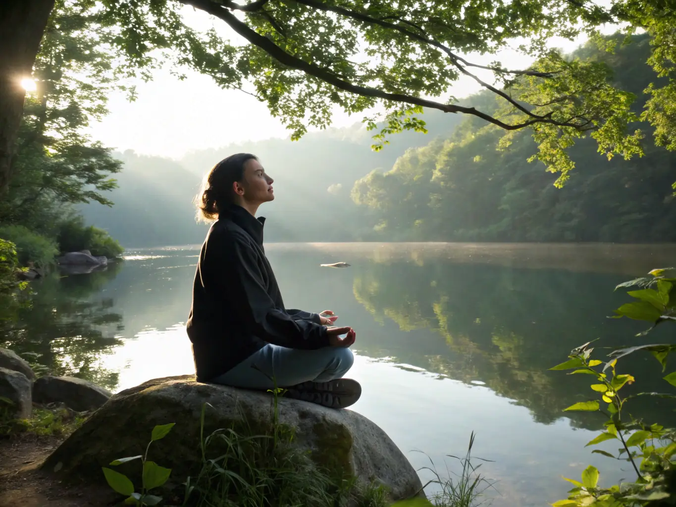 An image of a person meditating in a peaceful setting, symbolizing inner peace and self-discovery, representing the holistic approach of life coaching.
