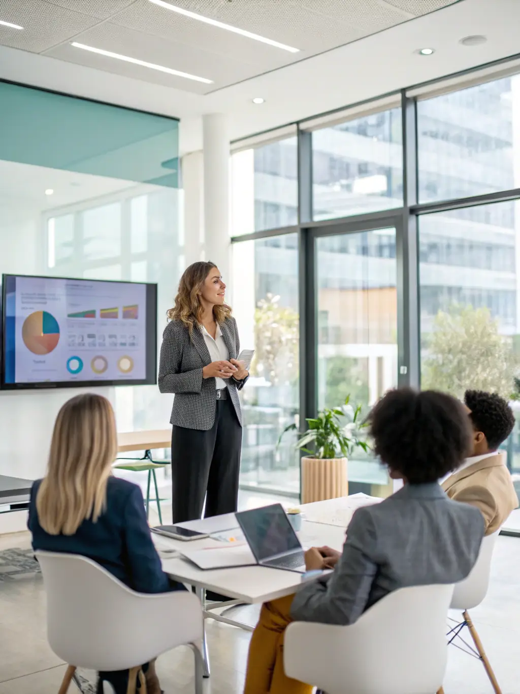 An image of a confident leader speaking to a team in a modern office setting, with a focus on calm authority and engagement, representing Leadership Development Coaching.