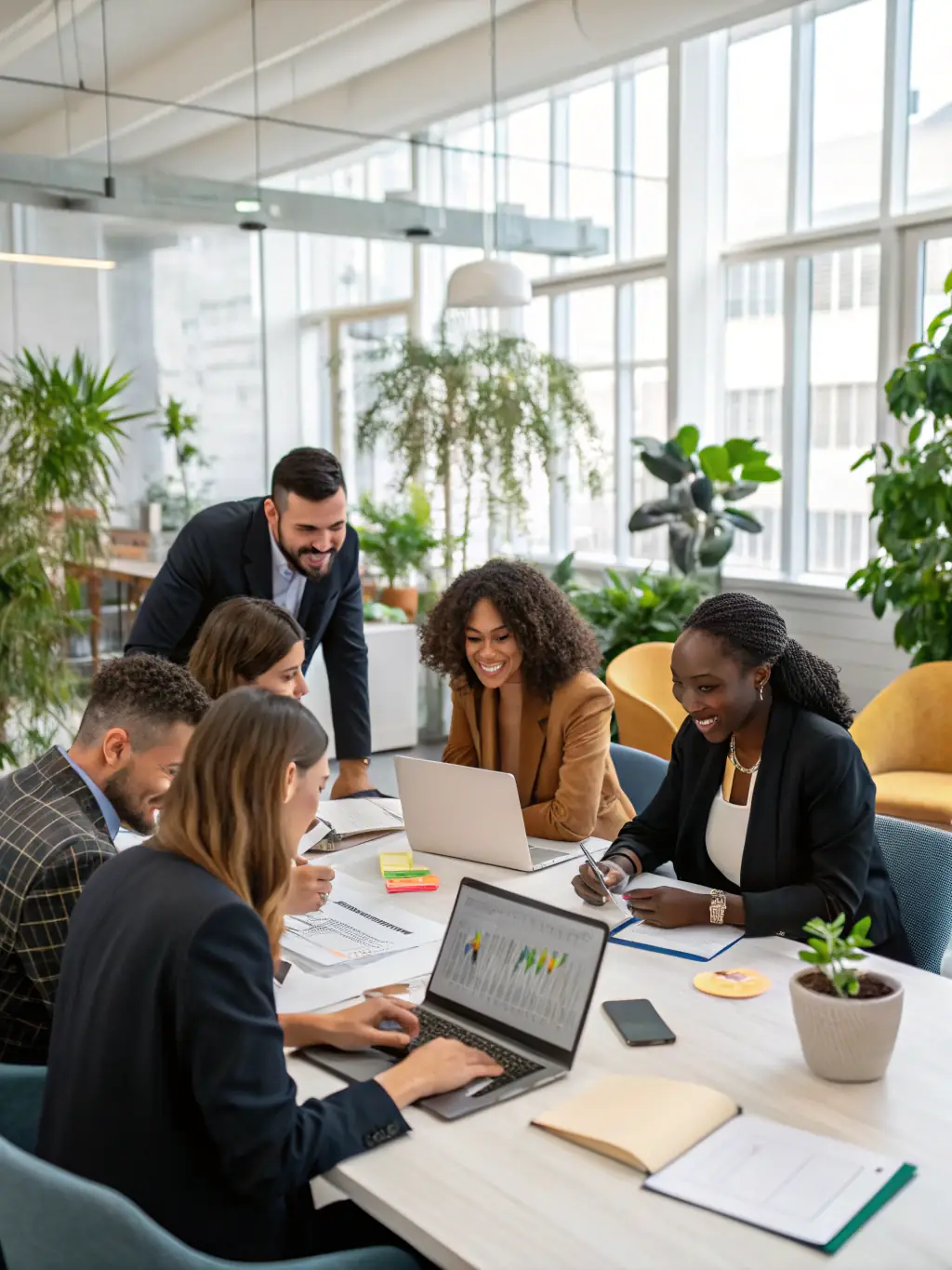 A diverse group of people collaborating in a bright, modern co-working space, symbolizing the collaborative and growth-oriented environment fostered by Anne-Marie Wiegand Coaching.