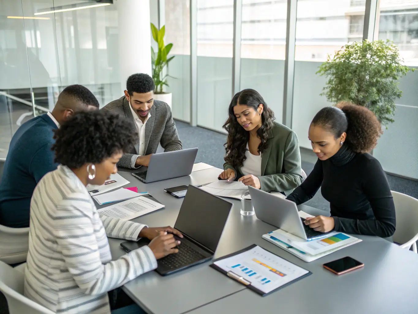 An image of a diverse team collaborating effectively in a modern office, showcasing leadership and teamwork, representing leadership development coaching.