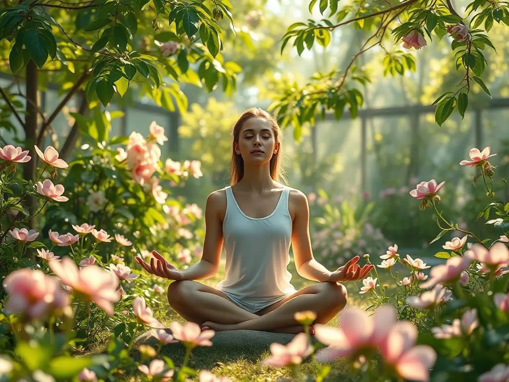 A serene image of a person meditating in a lush, green forest during springtime, symbolizing growth and renewal, representing the Spring Renewal Coaching Program.