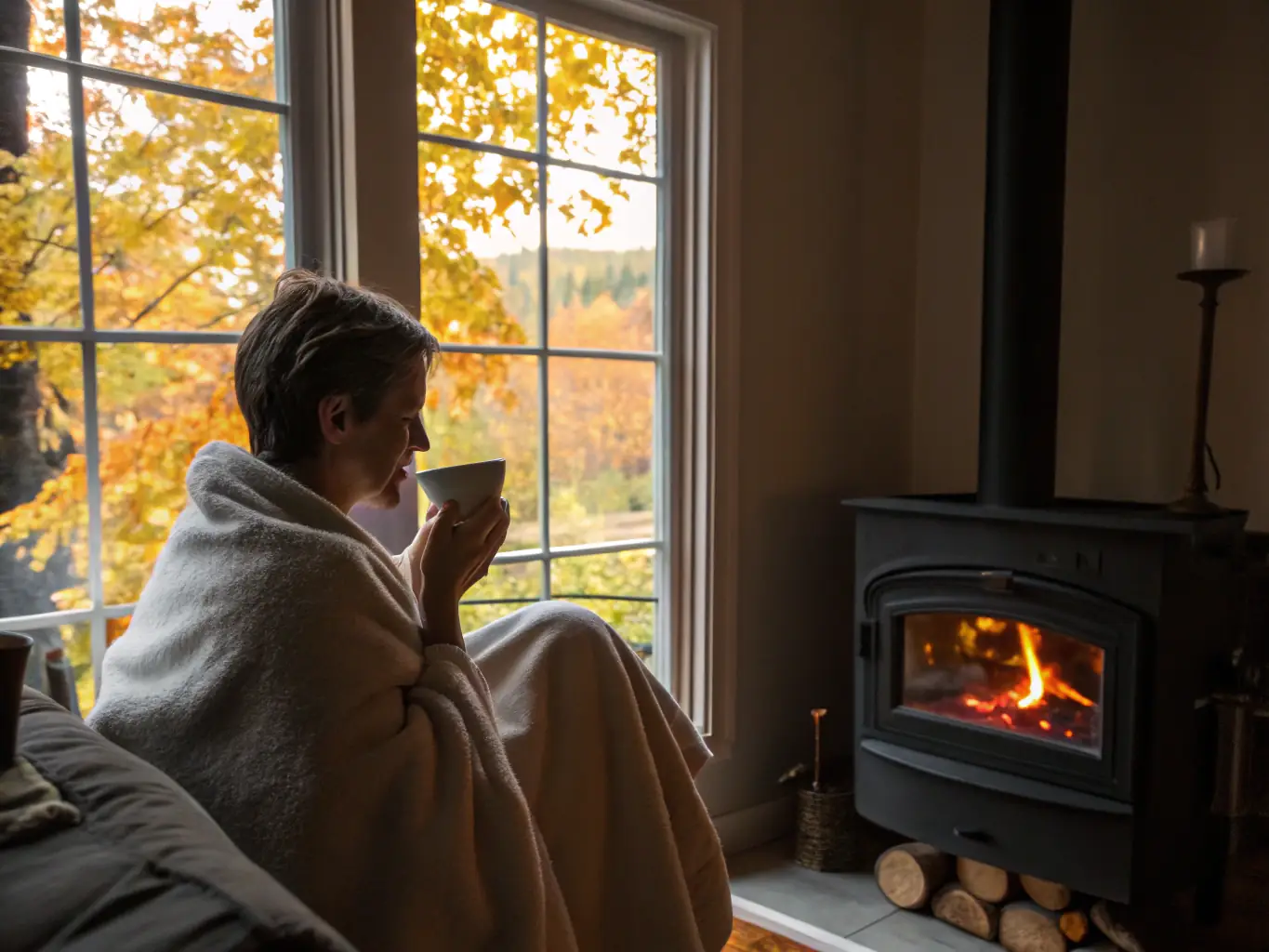 A cozy image of a person sitting by a crackling fireplace during winter, symbolizing introspection and rest, representing the Winter Reflection Coaching Program.